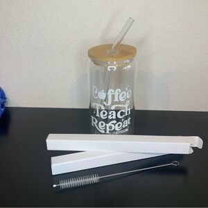 16 oz Soda Glass Cup Bamboo Lid 2 Straws Cleaner Iced Coffee Teach Repeat GIFT🆕